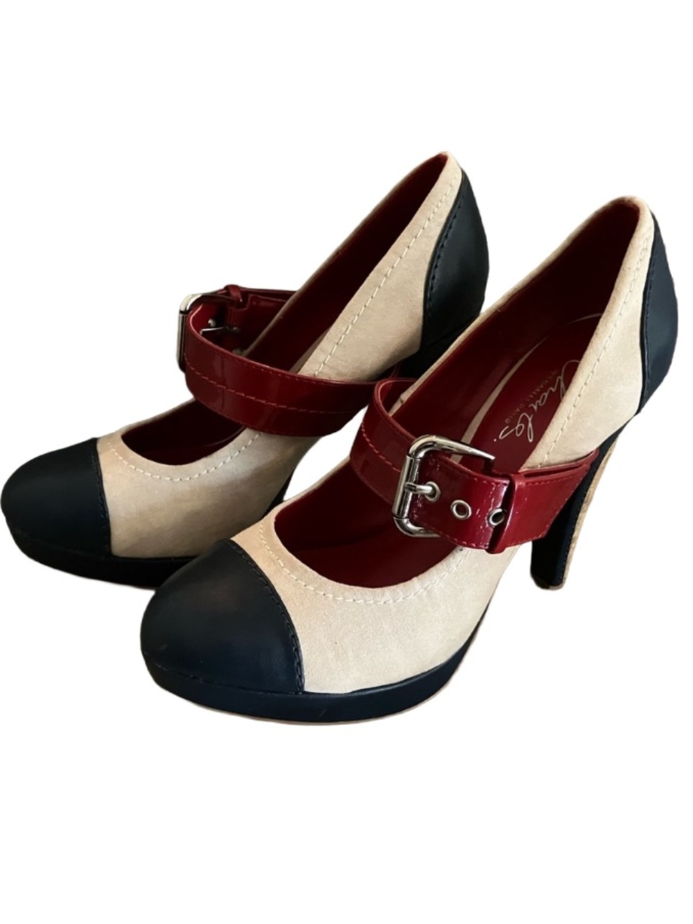 In Beautiful Condition!CHARLES by CHARLES DAVID Navy Red Cream Cork Heels w Box